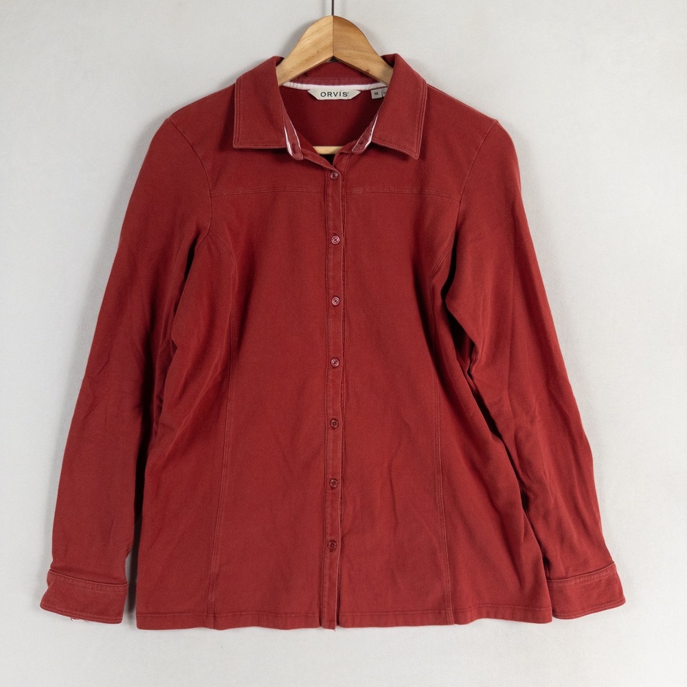 Orvis Shirt Womens Medium Dark Red Button Up Cotton Stretch Brushed Jersey Knit
